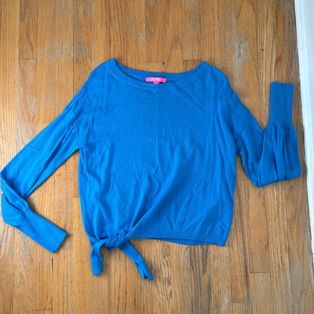 Lily Pulitzer sweater. Bright blue. Long sleeve. Bow/knot tie.